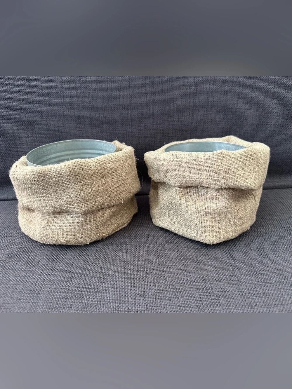 Small Tin Can inside a Burlap Wrapped Metal Planter/Basket/Bin - Set of 2